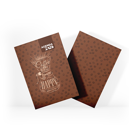 Agenda 2026 tamanho 15x21cm com capa dura em papel empastada com cartão e debrú laminação Prolan, lombada quadrada e miolo pronto